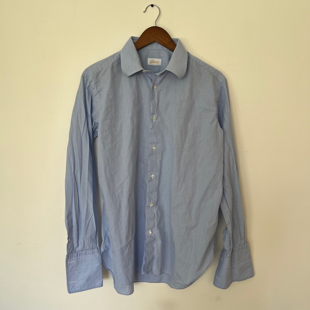 Brioni Mens Blue Micro Check French Cuff Dress Shirt 41 16 Made in Italy